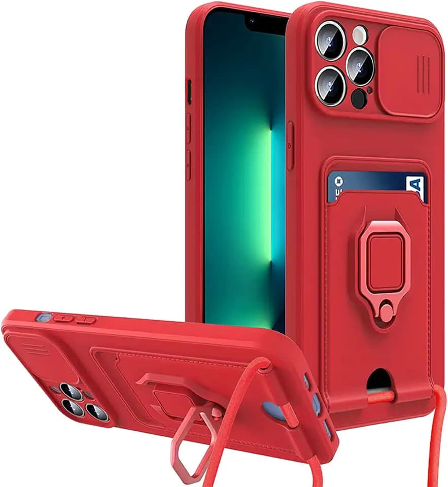 Handykette Hülle mit Kartenhalter für iPhone 13 Pro Max kameraschutz Hülle mit Camera Slider Handyhülle für zum Umhängen Silicone Schutzhülle mit Magnetring für iPhone 13 Pro Max