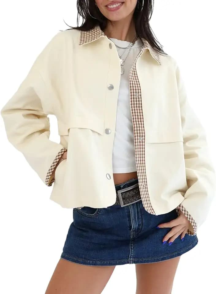 Womens Cropped Bomber Jacket Lightweight Turn Dow Long Sleeve Snap Plaid Contrast Barn Jacket Outwear with Pockets