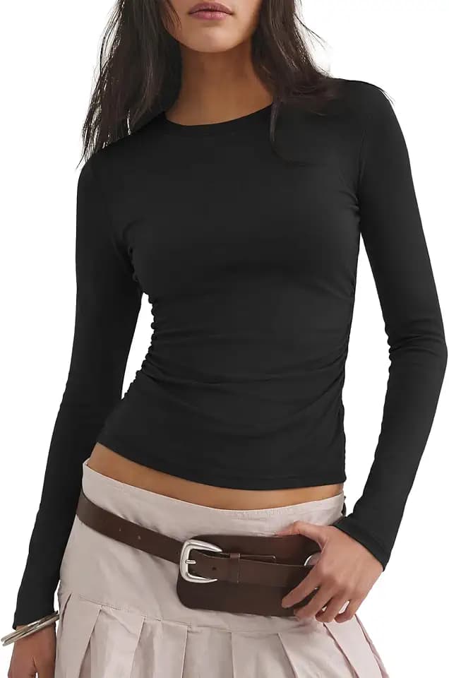 Darong Womens Long Sleeve Basic Shirt Crew Neck Ruched Fitted Fall Tops