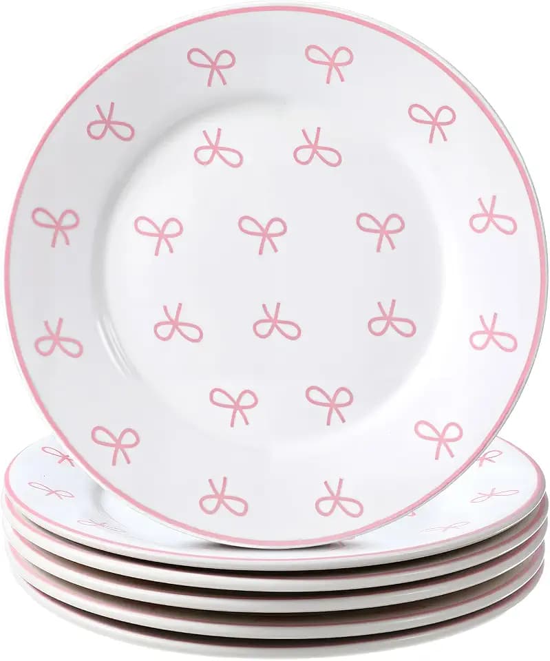 Honeydak 6 Pcs 6 Inch Pink Bow Ceramic Dessert Plates Coquette Bachelorette