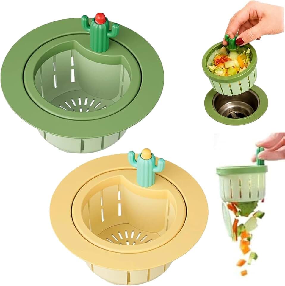 2pcs Cactus Kitchen Sink Drain Strainer, Cactus Sink Strainer Basket Fine Mesh, 2026 Upgrade Press Automatic Dumping Basket (Green+Yellow)