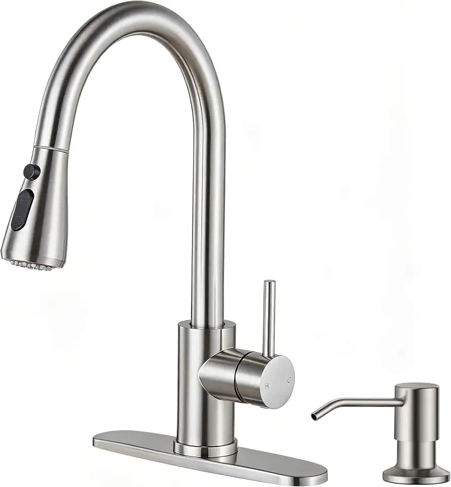 KINGO HOME Kitchen Faucets with Soap Dispenser,Brushed Nickel,Lead-Free