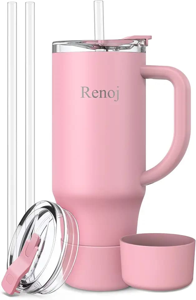 Renoj Insulated Mug 100% Leak Proof Insulated Water Bottle for Iced Coffee & Hot Drinks - Fits Car Cup Holder, Ideal Gift, 2 Straws & Silicone Boot - SnapShift Pink 32 oz