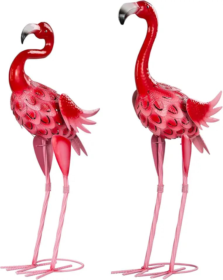2Pcs Flamingo Garden Statues Metal Pink Flamingos Sculptures for Outdoor Backyard Decor Patio Lawn Porch Yard Decoration (Pink)
