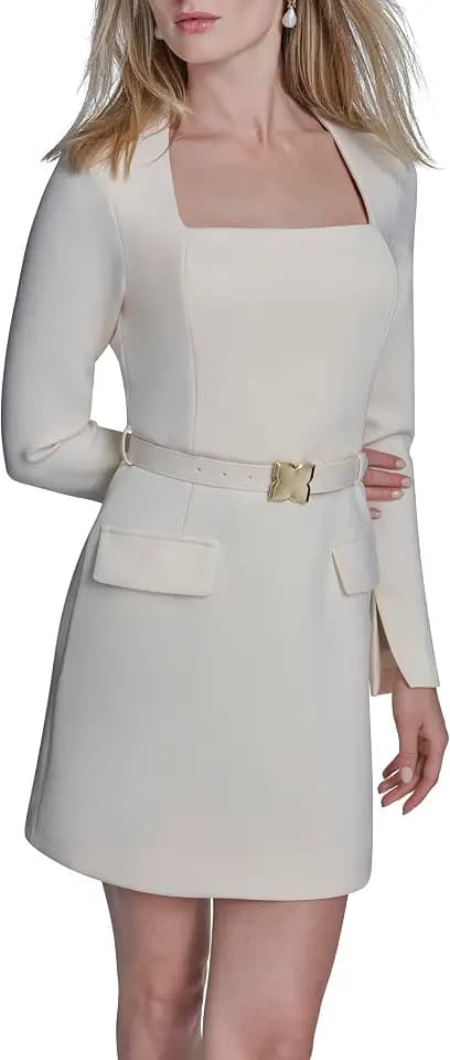 BCBG Women's Long Sleeve Square Neck Belted Structured A-line Mini Dress