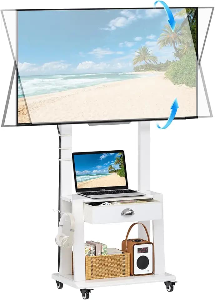 Mobile TV Stand with Drawer for 23-75 inch TVs up to 120lbs, Rolling TV Cart on Wheels with 2 Shelves, Adijustable Height, Tilt TV Stand for Indoor Outdoor, Max VESA 600x400mm, White