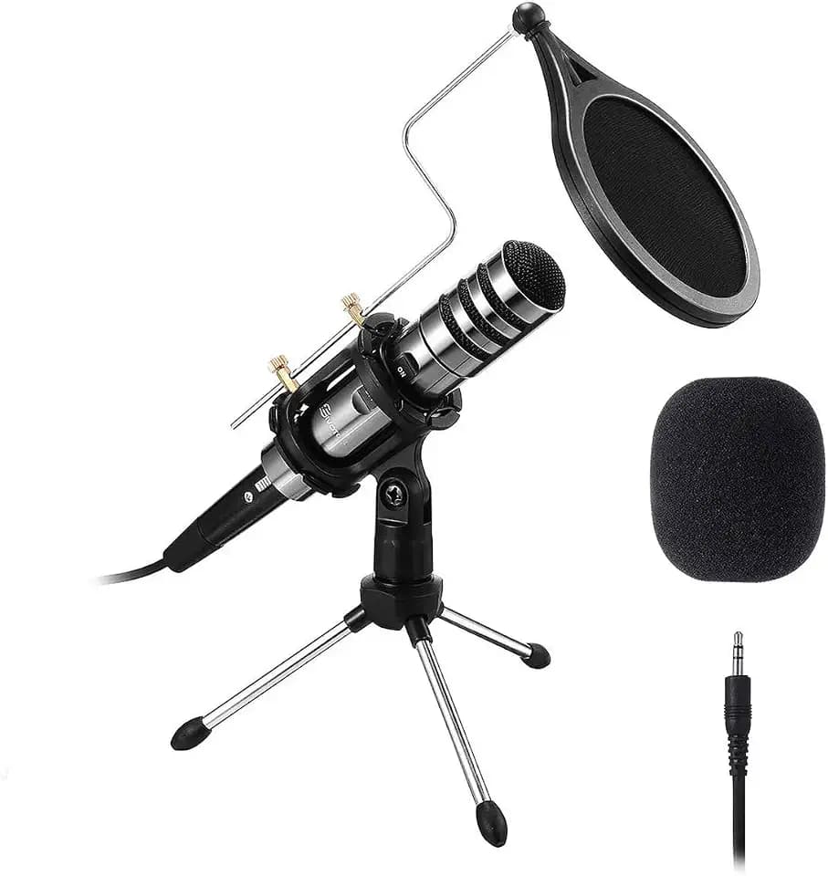 Aufnahme Mikrofon für Handy und PC 3,5mm Klinke Desktop Kondensator Mikrofone mit Ständer Plug & Play Computer Microphone für Musik, Smartphone, Laptop, Singen, Podcast, Recording, YouTube