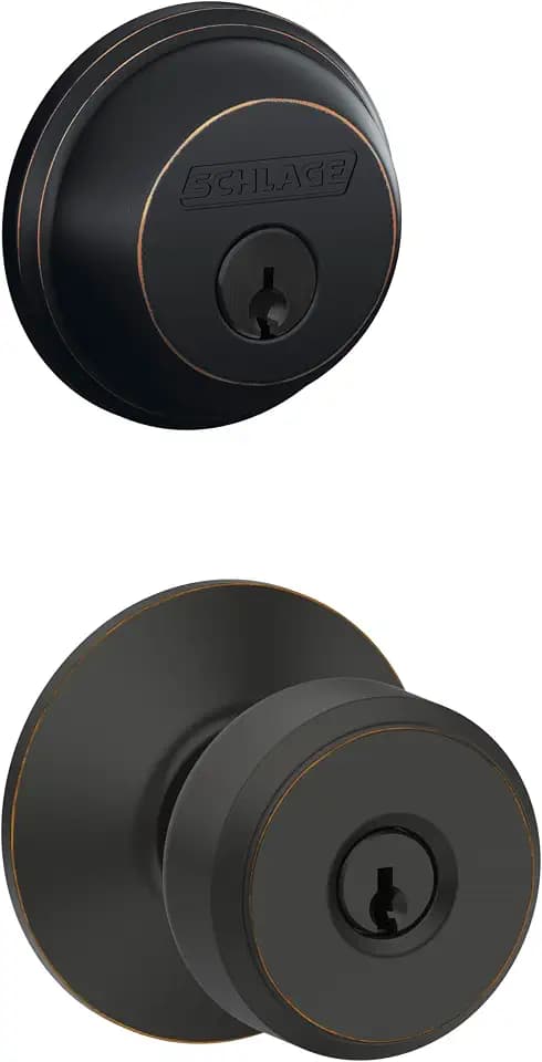 Schlage Deadbolt & Door Knob Set, Bowery Knob, Aged Bronze