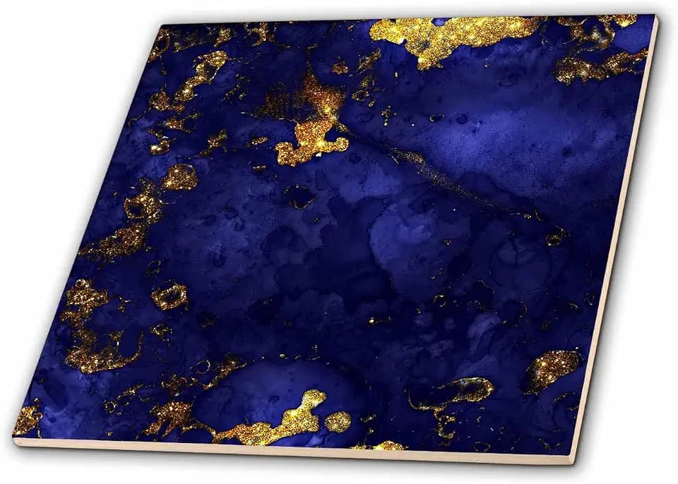 3dRose Art print of Blue And Gold Marble Agate Gem Mineral Indigo Quartz - Ceramic Tile, 12-inch (ct_275044_4) , White