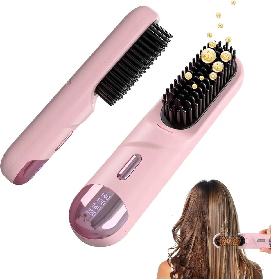 Go Brush Pro for Short Hair Hair Straightener Brush Cordless & Portable with 300M Negative Ions, 4 Temps Fast Heating, Game Day Ready Styling Tool for Watch Parties, Travel & Daily Use Nude Pink