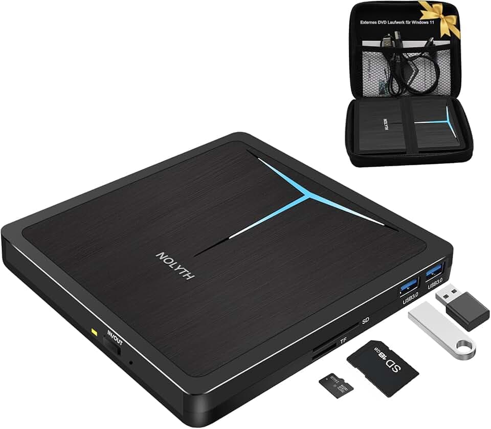 Externes DVD Laufwerk für Laptop: CD Laufwerk Extern USB 3.0 DVD Brenner Extern USB-C für Windows 11 PC Mac MacBook mit USB Ports SD TF Slot & Tasche Tragbar Externe Optische Laufwerke