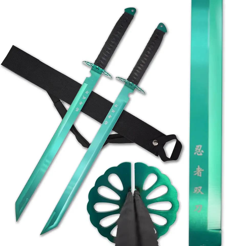 Twin Ninja Sword Set with Black Nylon Wrapped Handle, 28 Inch Overall, 18.25 Inch Stainless Steel Blade, Includes Shoulder Strap - HK-6183 Series