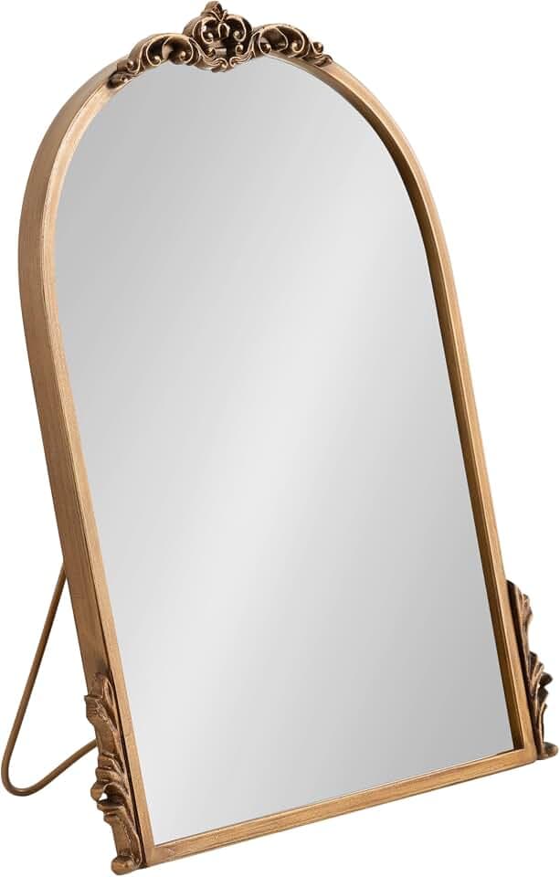 Kate and Laurel Myrcelle Traditional Arched Tabletop Easel Mirror, 14 x 19, Gold, Vintage Small Arch Mirror with Ornate Garland Detailing Along the Crown and Edges of the Frame