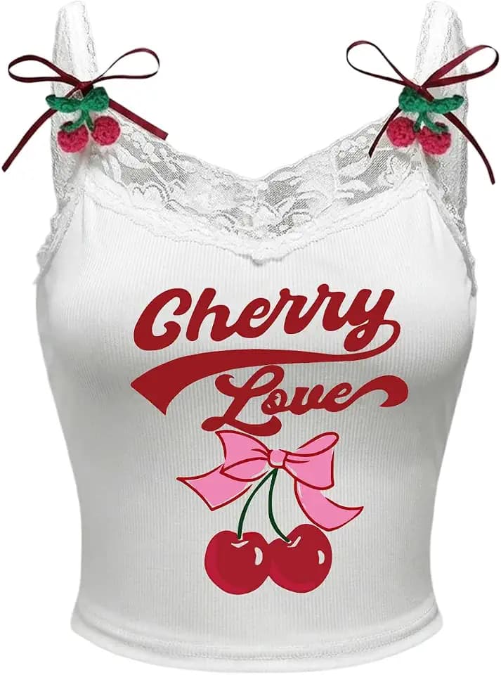 SHENHE Women's Lace Trim Cute Cherry Print Spaghetti Strap Kawaii Top
