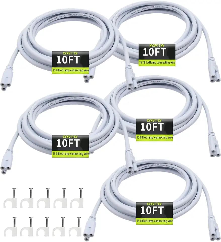 T5 T8 Extension Cords,10ft Lamp Connecting Wires,3-Prong Power Cables,Female to Female End Connectors for LED Tube,Under Cabinet,Shop Lights(5Pack-9.98FT)
