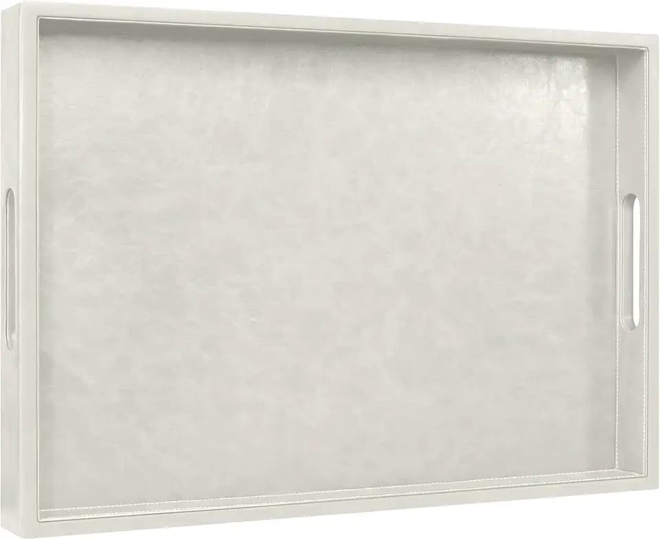 20 x 14 inches Leather Rectangle Serving Tray with Hole Handles,High-End Light Large Service Tray for Ottoman Tray, Tea, Food, Butler - Countertop, Kitchen,Family Dinner, Picnic (White)