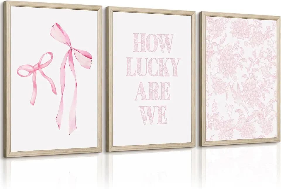 Pink Bow Floral Wall Art Preppy Aesthetic Canvas Wall Decor Trendy Coquette Posters Pink Bow Pictures Chinoiserie Flower Prints Painting for Girls Dorm College Apartment 12x16 Inch Framed Set of 3