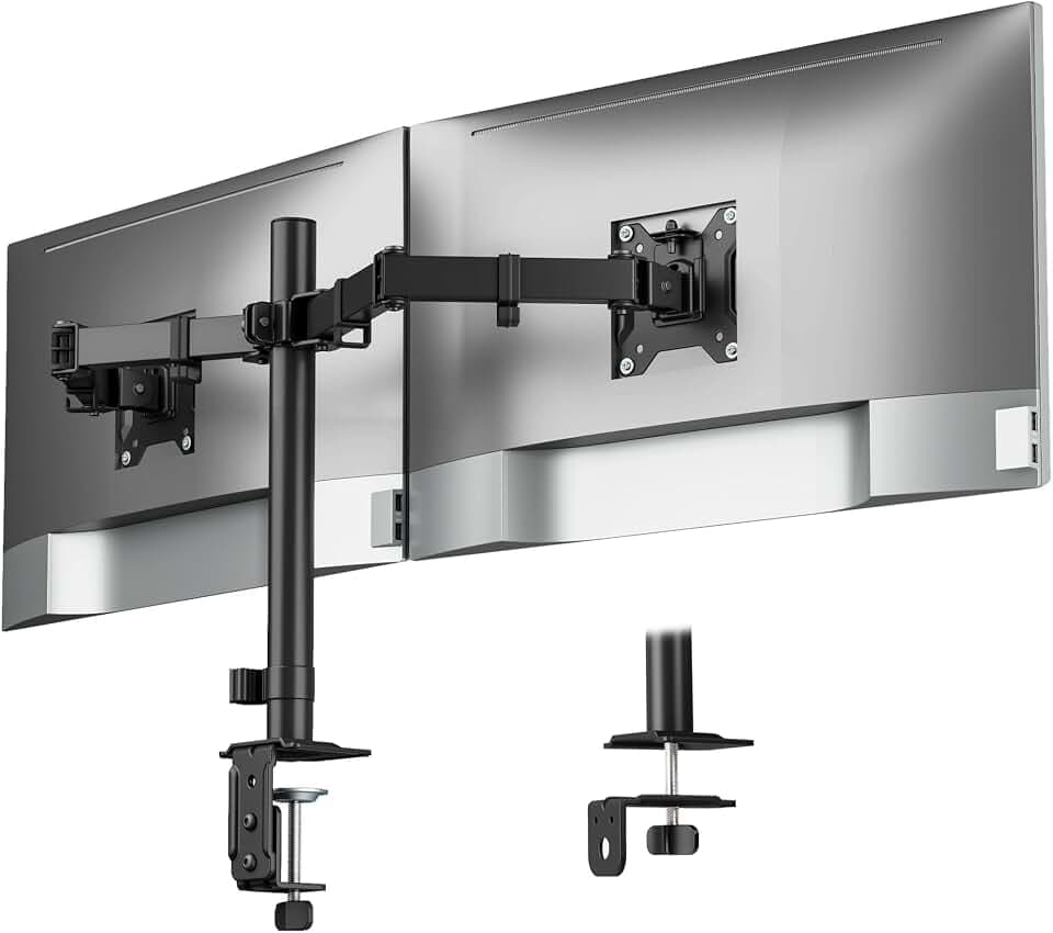 monTEK Monitor Halterung 2 Monitore für 17-32 Zoll Bildschirm bis zu 10KG | Stabil, Höhenverstellbare Monitorarm bis zu 10 kg pro Arm mit Klemmschelle/ Tischdurchführung, VESA 75x75MM/100x100MM