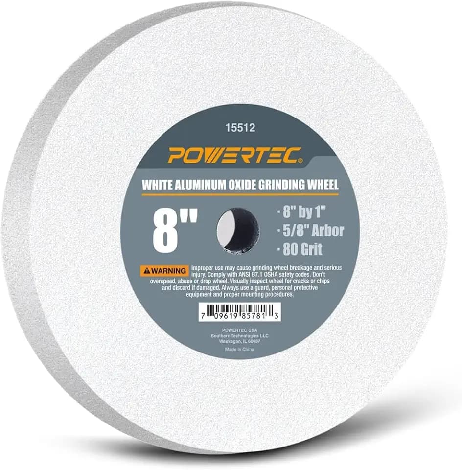 POWERTEC Bench Grinder Wheel 8 Inch 80 Grit, White Aluminum Oxide Grinding Wheel for Bench Pedestal Grinder, 1" Thick 5/8" Arbor, Sharpening & Shaping Drill Bits, Blade, and Chisel 1PK (15512)