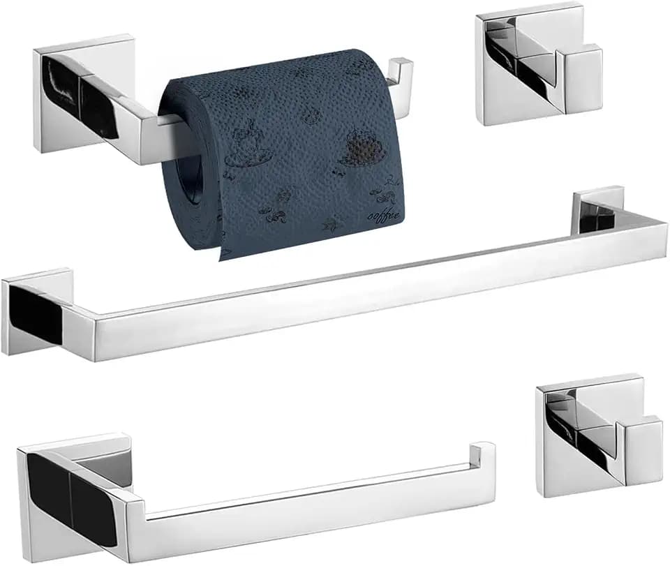 TURS 5-Piece Bathroom Hardware Set Polished Towel Bar Sets Include 23.4 Inch Towel Rail Hand Towel Bar Tissue Holder and 2 Towel Hooks, Stainless Steel Wall Mounted Towel Racks for Bathroom