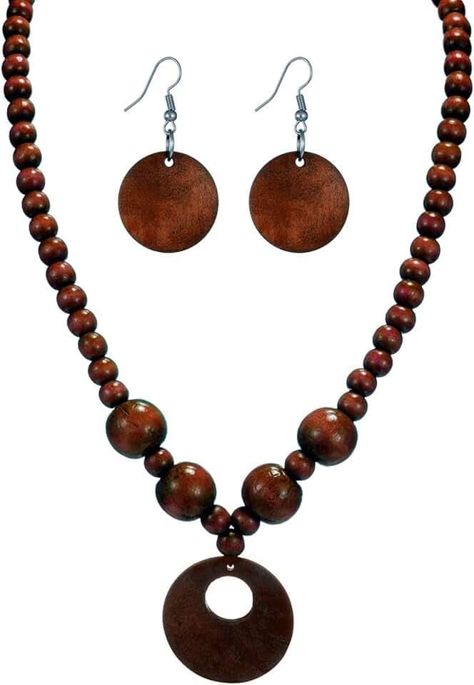 Vintage Chunky Colorful Wood Beads Choker Circle Pendant Necklace Earrings Set Bohemian Wooden Chain Ethnic Bib Boho Statement Hip Hop Cool Collar Jewelry for Women