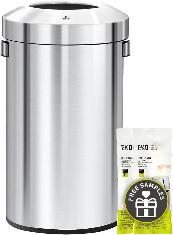 EKO 16-Gallon Round Stainless Steel Open Top Trash Can, Large Commercial Waste Bin with Detachable Lid and Carrying Handle, Brushed Metal Garbage Bin for Home, Office, Restaurant, Restroom