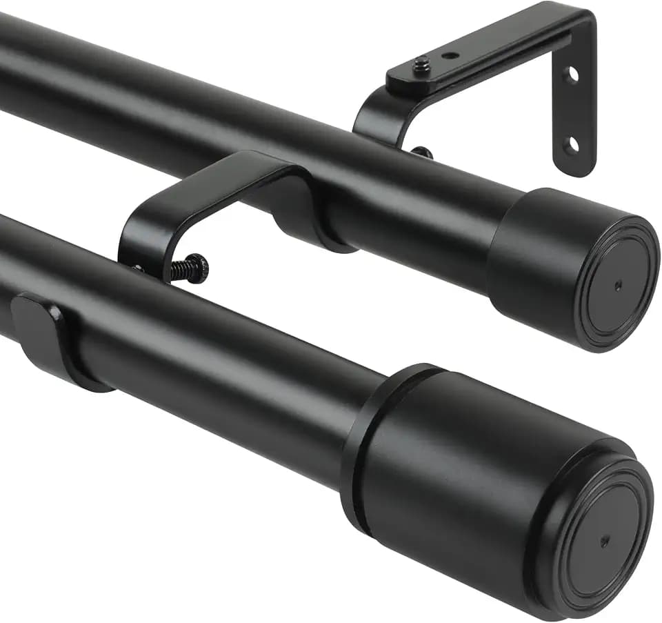 1 Inch Double Curtain Rod 30 to 124 Inch Heavy Duty Double Curtain Rods for Windows Adjustable Telescoping Double Curtain Pole for Bedroom Kitchen Office Living Room (Black)