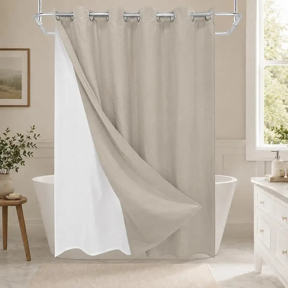 No Hook Shower Curtain Set with Snap-in Detachable Liner, 230 GSM Waffle Weave Fabric, Heavy Duty Water-Repellent, Khaki Beige, 72 x 74 Inch