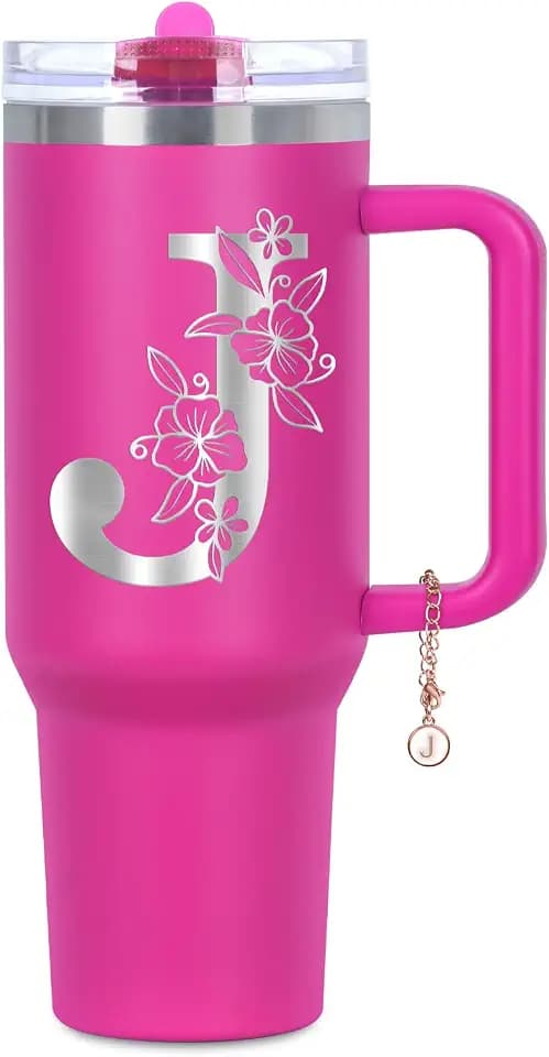 Personalized 40 oz Monogrammed Tumbler with Handle & Flip Straw, 100% Leak Proof stainless steel Insulated Tumbler, Customized Initial Funny Gifts for Women Mom Sisters Coworker, J