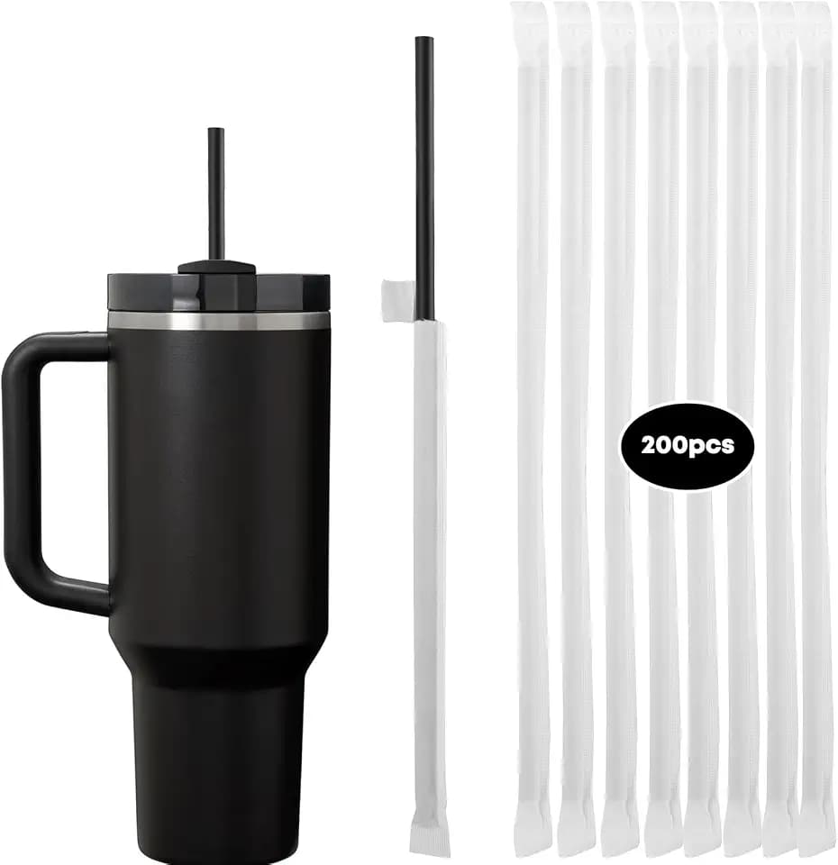 200Pcs Black Disposable Straws for 40 OZ Tumbler, Extra Long Straws Disposable for Stanley Cup 30 Oz 40 Oz Tumbler, Straw Individually Wrapped for Tumblers, Iced Coffee, Milk, Juice, Home, Party Use