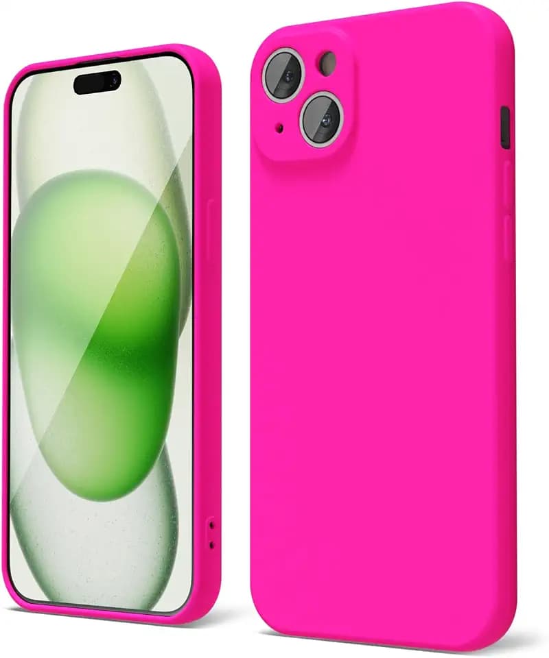 Oakxco for iPhone 15 Plus Phone Case Liquid Silicone, Cute Thin Slim Soft Rubber Gel for Women Men, Smooth Matte Plain Solid Bright Color Girly Simple Case with Camera Cover, Fluorescent Neon Hot Pink