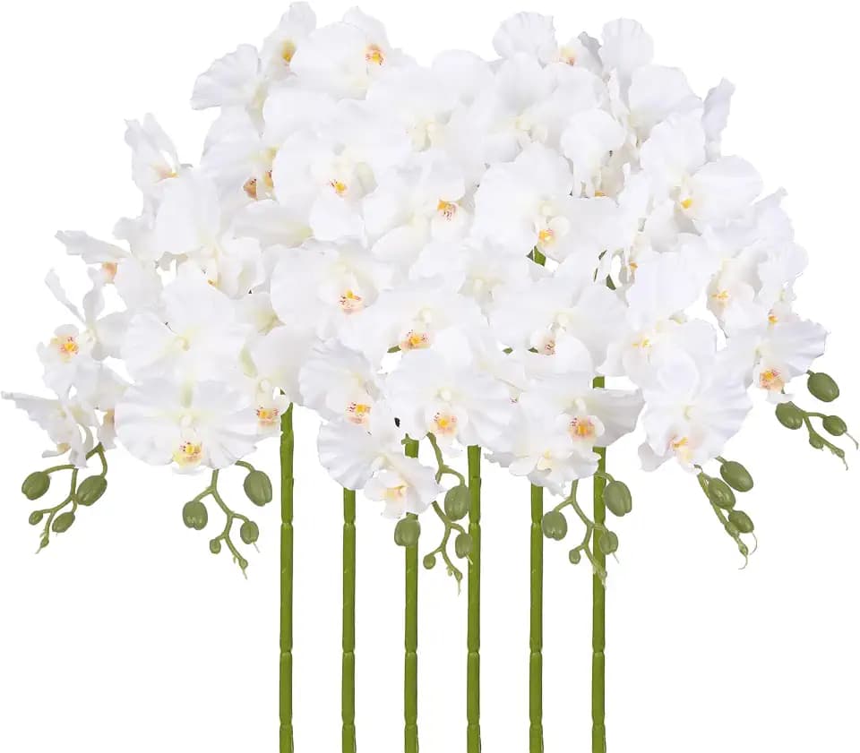 White Orchid Artificial Flowers,6PCS Artificial Phalaenopsis Flowers 38" Fake Orchid Stems for Wedding Party Office Home Décor(White)
