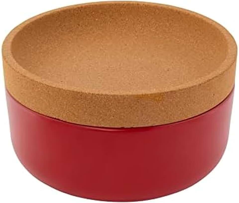 Ceramic and Cork Large Breathable Produce Bowl with Lid to Naturally Extends Produce Freshness, Natural Cork and Red Ceramic