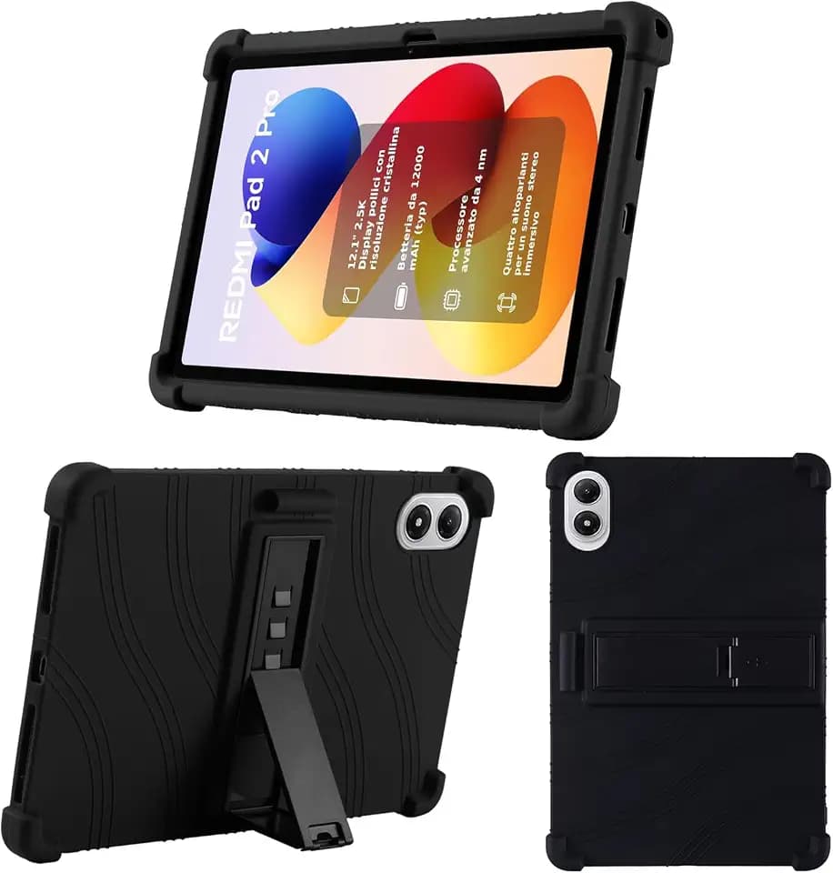 KUSINHOKA Hülle für Xiaomi Redmi Pad 2 Pro 12.1 Zoll, Weiche Silikon Tablet Schutzhülle mit Verstellbarer Ständer, Stoßfest Kratzfest Schutzhülle Cover Case für Redmi Pad 2 Pro, Schwarz