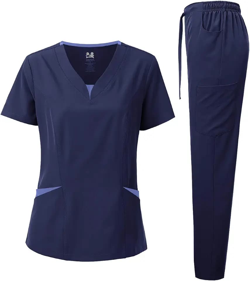Dagacci Medical Uniform® Scrubs for Women Set – 4-Way Stretch Contrast V-Neck Top and Pants Sets for Women – 9 Pockets