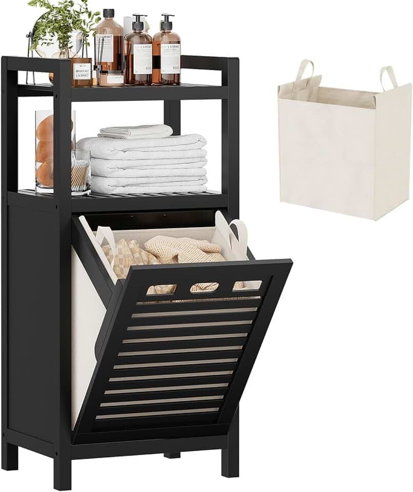 Homykic Bamboo Tilt Out Laundry Hamper Cabinet with Removable Bag, Black