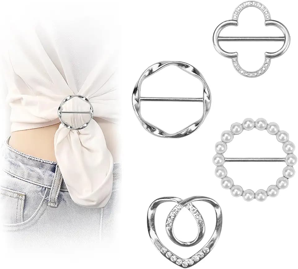 4PCS Scarf Ring Clip -T-shirt Ties Clips Clothes Corner Knotted Button for Women Fashion Metal Round Circle Shirt Clip Buckle