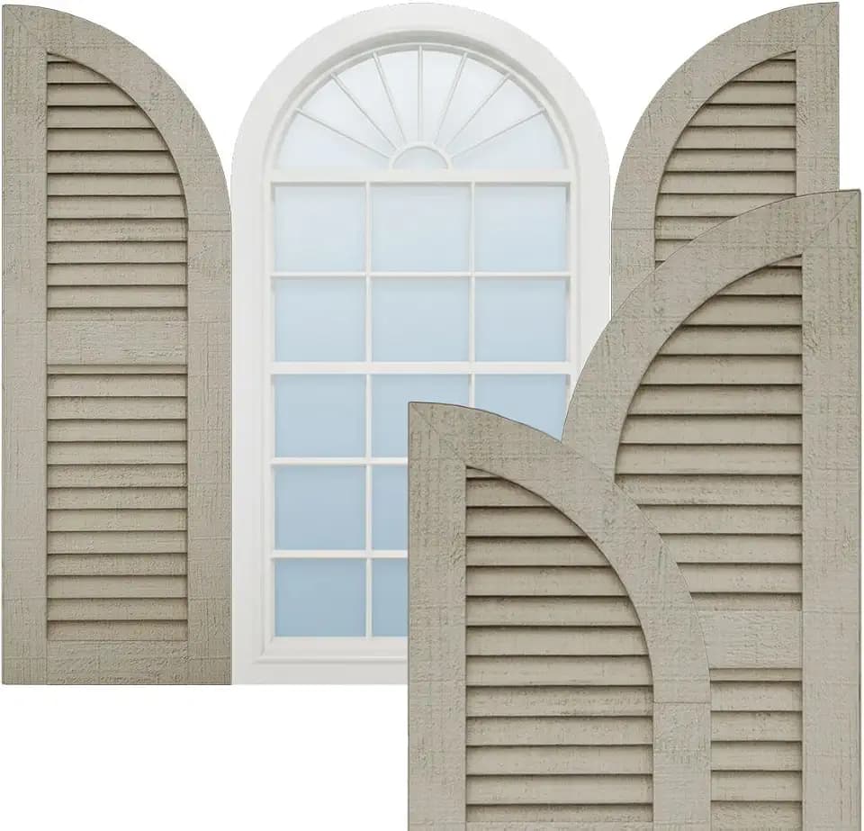 Ekena Millwork 12"W x 72"H (60" Low Side) Timberthane Rough Cedar Two Equal Louver w/Quarter Round Arch Top Faux Wood Shutters (Per Pair), Primed Tan
