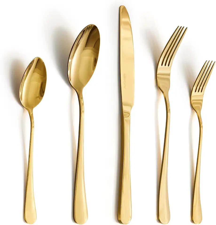 HIKAA Gold Silverware Set for 8, 40 Piece Heavy Duty 18/10 Stainless Steel Flatware Cutlery Set, Mirror Polished Knives Forks and Spoons, Dishwasher Safe for Home Kitchen Wedding