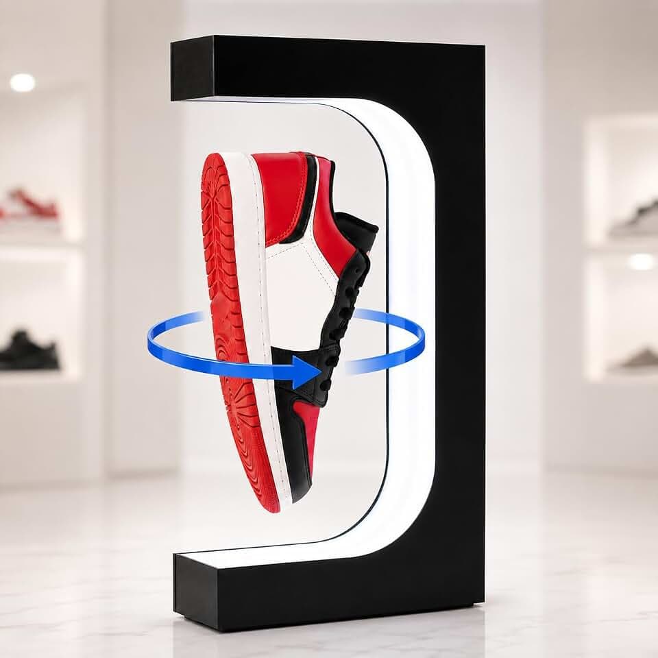 Levitating Shoe Display Floating Shelf Magnetic Sneaker Stand with LED Light Rotating Acrylic Holder for Advertising Exhibition Show in Shop Store Gift Home Decoration (Black 2)