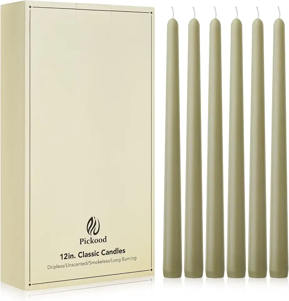 New Burning Formula Unscented Dripless 12-Inch Taper Candles Set of 12 - Sage Green, for Wedding, Dinner - Smokeless, Long Burning - Hand Poured, Colored Tall Candlesticks - Verde Salvia
