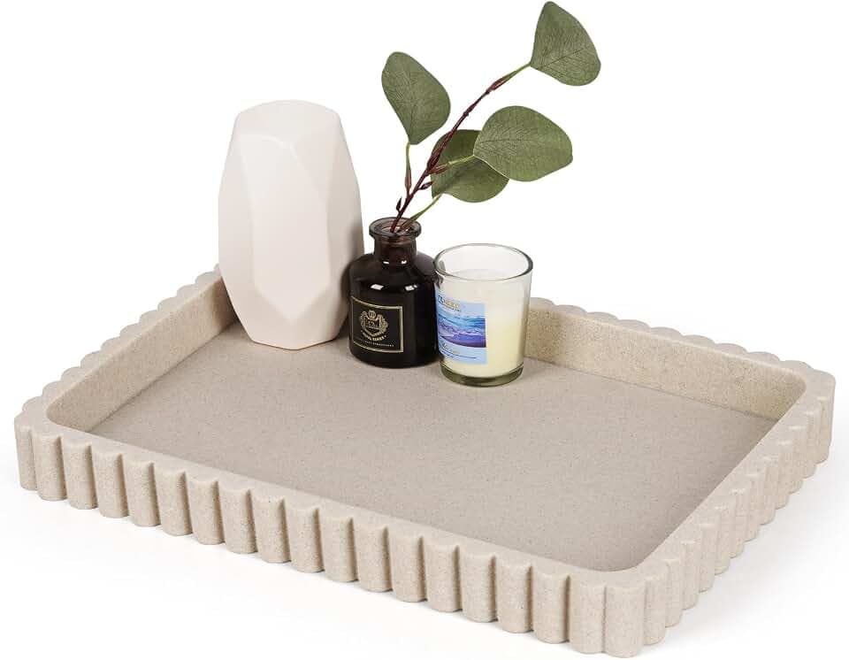 Rectangular Tray for Coffee Table Decor, 14" Coffee Table Tray, Beige Resin
