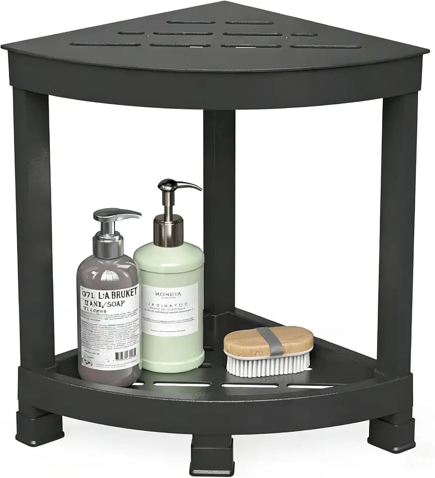 GallopFun Corner Shower Stool for Inside Shower, Waterproof Shower Bench for Shaving Legs, Plastic Anti-Fracture Shower Seat/Foot Rest with Baffle Storage Shelf, Rapid Assembly DIY Shelf (Black)