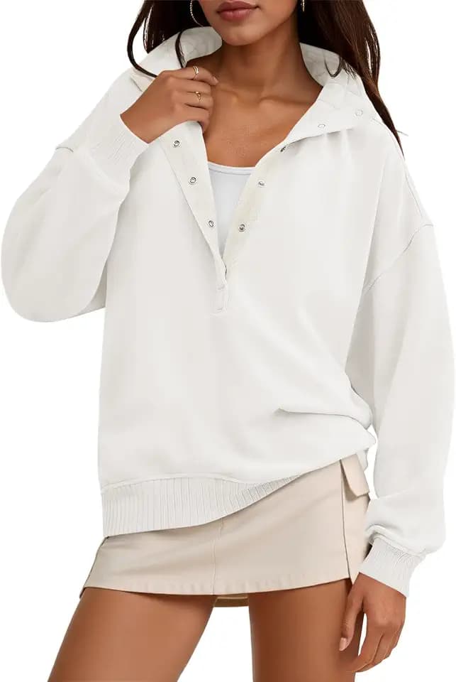Fisoew Womens Oversized Sweatshirts Casual Long Sleeve Snap Button Henley Neck Loose Fit Fall Pullover Tops