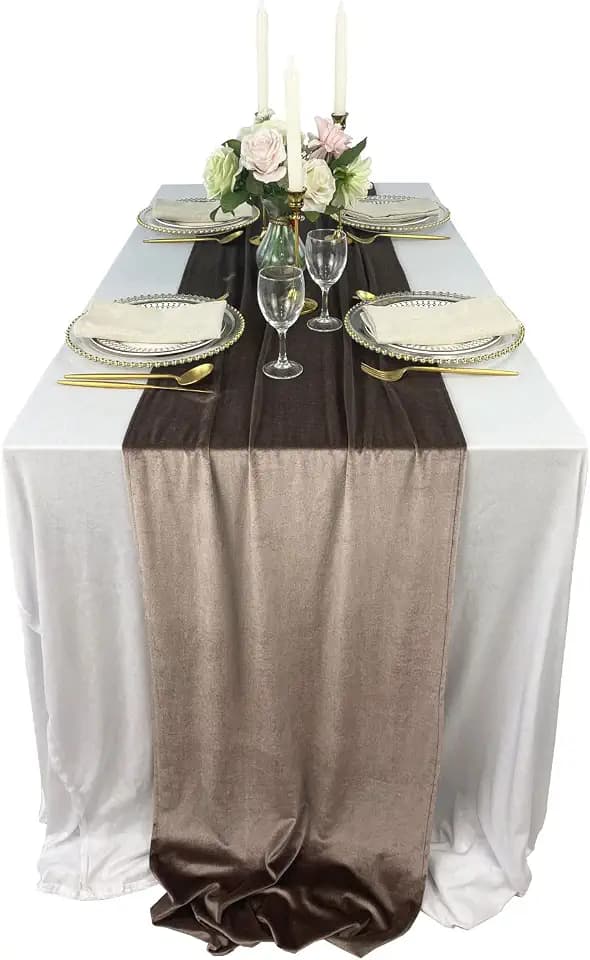 Luxurious Velvet Table Runner, 10ft Wedding Reception Decorations, 20x120inch Soft Velvet Fabric, Table Linen Overlay, Wedding Table Runners (Brown, 20X120inch)