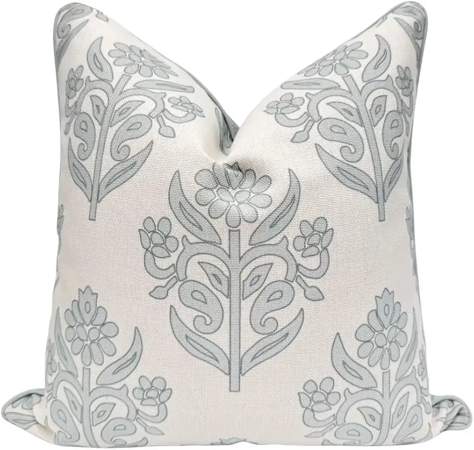 Jillien Harbor “The Naples” Floral Block Print Pillow Cover – Soft Grey and Off-White Decorative Throw Pillow Cover – Grandmillennial Home Decor, 24" x 24"