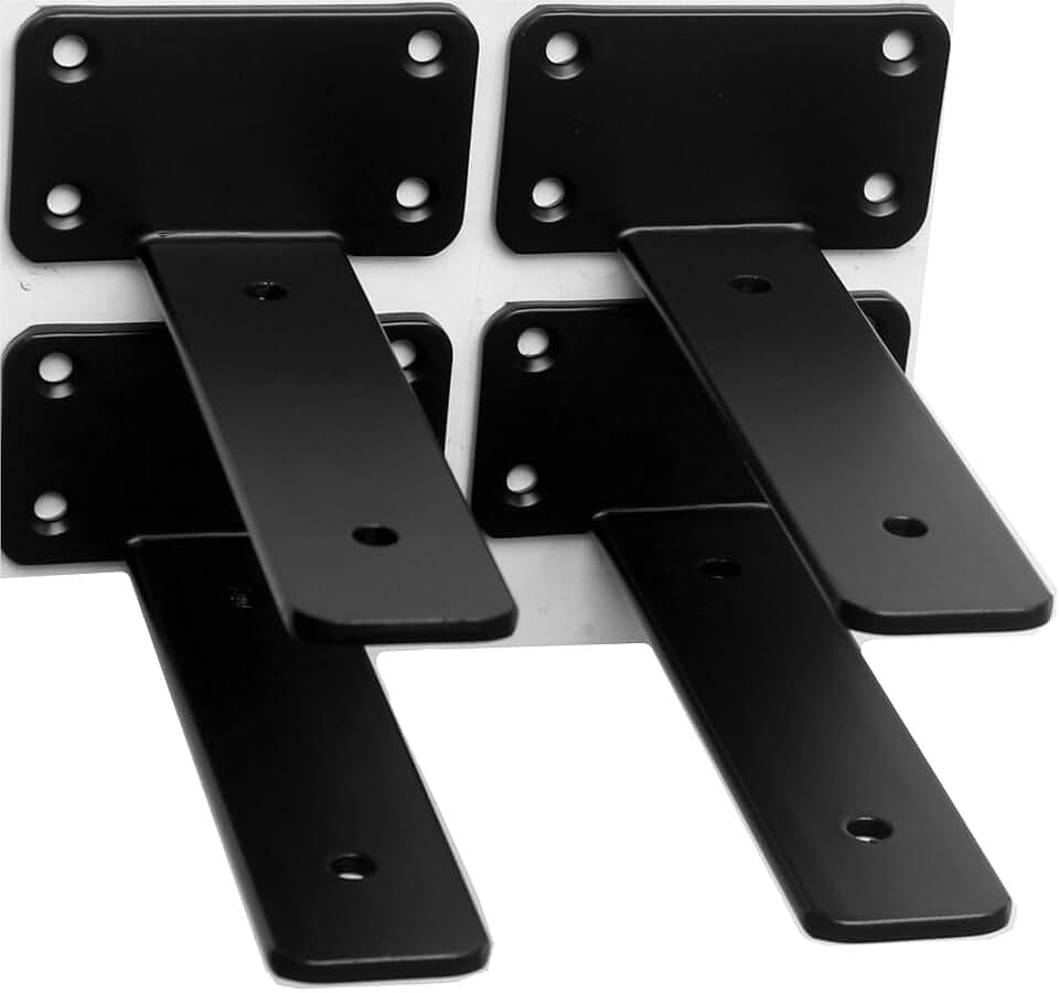 4 Pack - 4 inch Black Hidden L Shelf Bracket (1/5 Inch Thicked) Iron Floating Shelf Brackets Rustic Industrial Metal Brackets for Shelf Support
