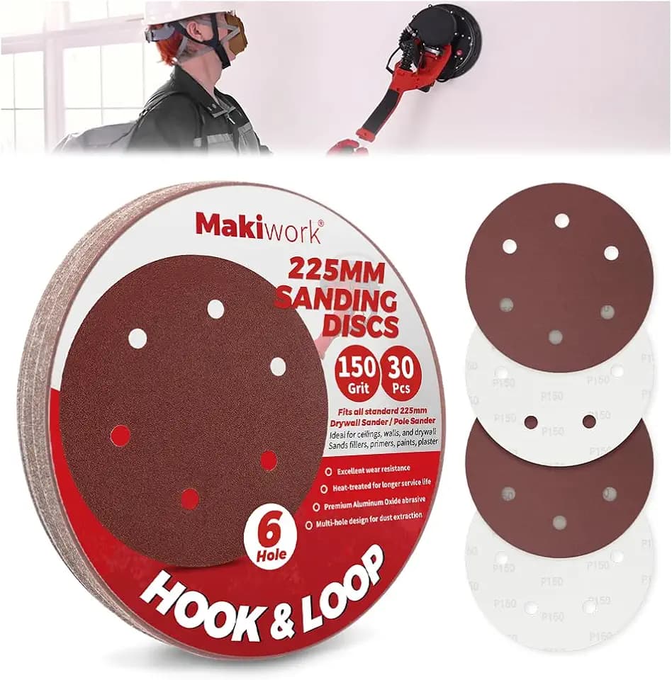 30PCS 9-Inch 6-Hole 150 Grit Hook & Loop Sanding Discs – Heavy-Duty Aluminum Oxide Sandpaper for Drywall Sander, Paint Removal, Wood & Metal Surface Prep