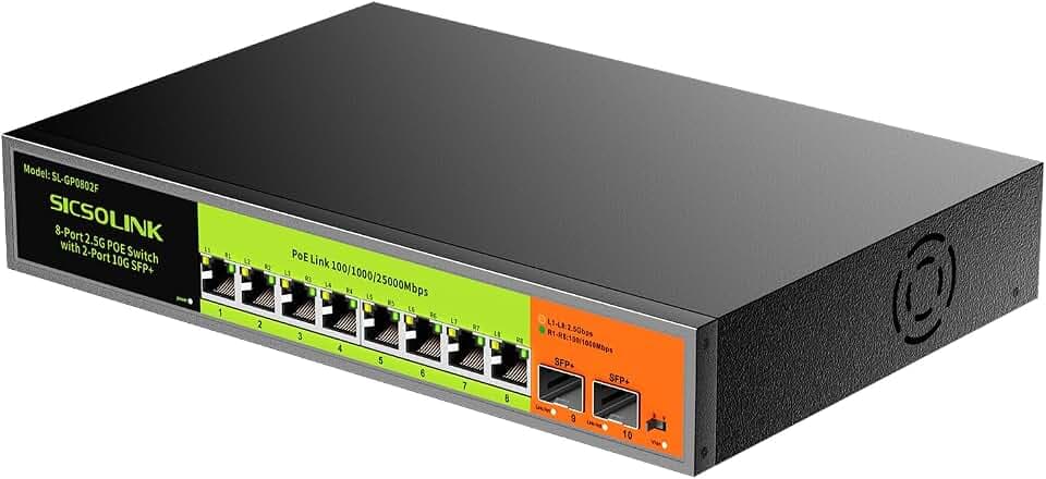 PoE-Switch mit 10 Ports, 2,5 G, mit 8X 2,5G-Base-T-PoE-Ports und 2X 10G-SFP+, IEEE 802.3af/at, 80 Gbit/s Schaltkapazität, lüfterlos, ungemanagt, für 2,5G-NAS/PC, WiFi6-Router, AP