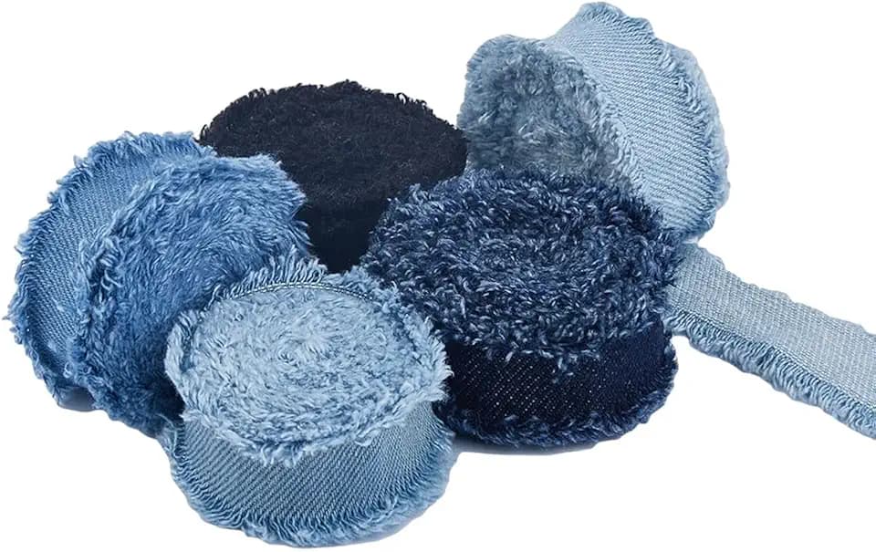 SUPERFINDINGS 5 Rolls Total 10 Yards Fringes Fabric Ribbon 0.98" Width Denim Ribbon Wrapping Frayed Cotton Jean Fabric Ribbon for Gifts Wrapping Hair Sewing Accessories Weddding Decor
